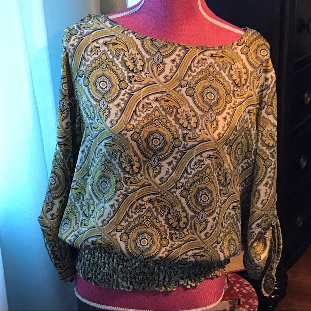 Michael Kors Green & Yellow Paisley Print Blouse Size Large